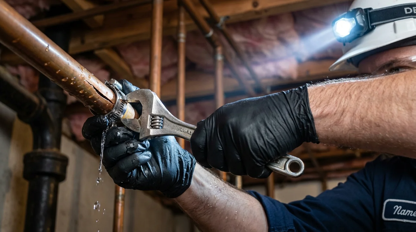 Emergency pipe clamp repair being performed by a Johns Plumbing LLC plumber in Key Largo